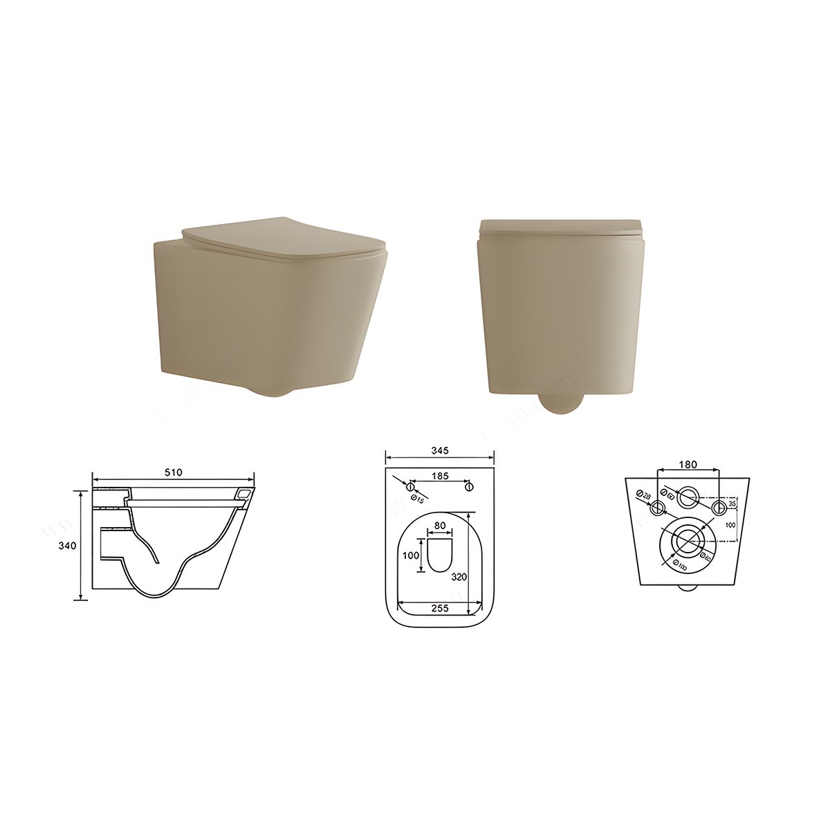 Vas WC Rimless, Jasmine Mat, Power Color,  montaj suspendat, capac duroplast slim soft-close inclus, Alfonso
