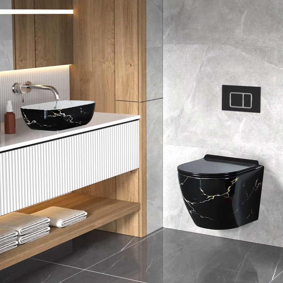 Vas wc, Rimless, montaj suspendat, 48x37 cm, capac duroplast, Negru Auriu Marble, Ben