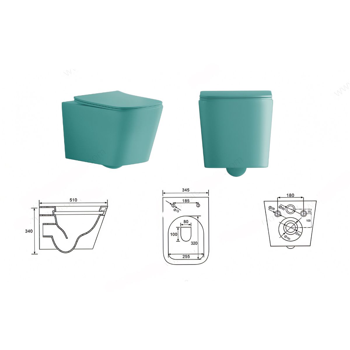 Vas WC Rimless, Verde Mint Mat, Power Color,  montaj suspendat, capac duroplast slim soft-close inclus, Alfonso
