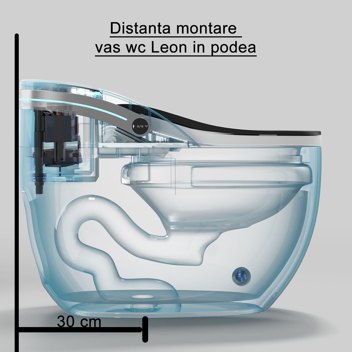 Vas wc smart, functie de bideu, dezinfectare UV, afisaj Led, functii avansate, montaj pe podea, 74x46 cm, Alb, Leon