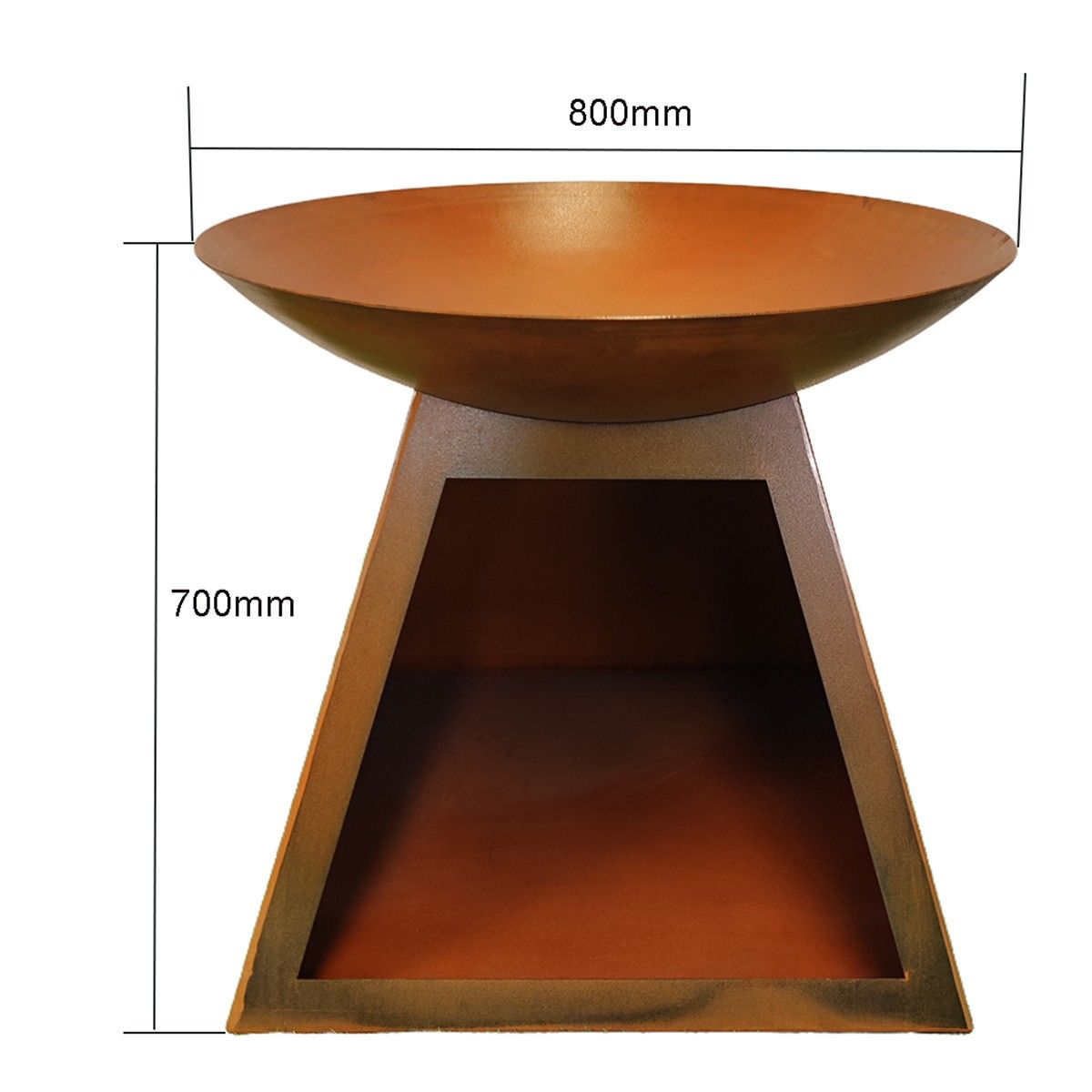 Vatra de foc cu suport pentru lemne, otel corten de 2.5 cm, dia 80 x H 70 cm, Vulcanis